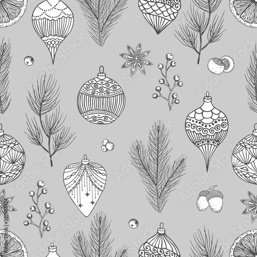 Xmas Seamless pattern with Christmas Tree Decorations, Pine Branches hand drawn art design vector illustration.