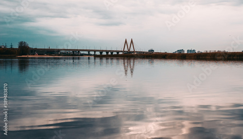 Millenium bridge in Kazan, reflected in the waters of the river Kazanka. Cable-stayed bridge across the river.  © Adsloboda