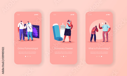 Pulmonology, Asthma Disease Mobile App Page Onboard Screen Template. Tiny Characters at Huge Lungs Xray and Inhaler