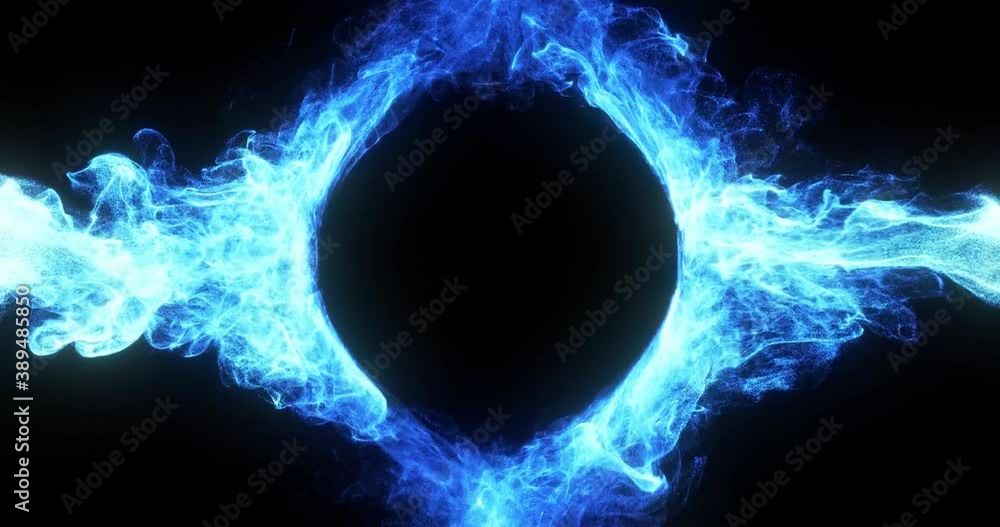 Abstract logo reveal smoke, flame effect. blue plasma smoke collide around a sphere for logo placement. 2 video clip available, 1 in-out transition and 1 loop. 3D render, 4k loop 