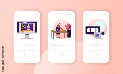 Online Cooking Classes Mobile App Page Onboard Screen Template. Characters Watch Video Courses Get Education. Students Learn via Internet Watching Webinars Concept. Cartoon People Vector Illustration