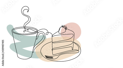 Cake with a strawberry in a linear style.