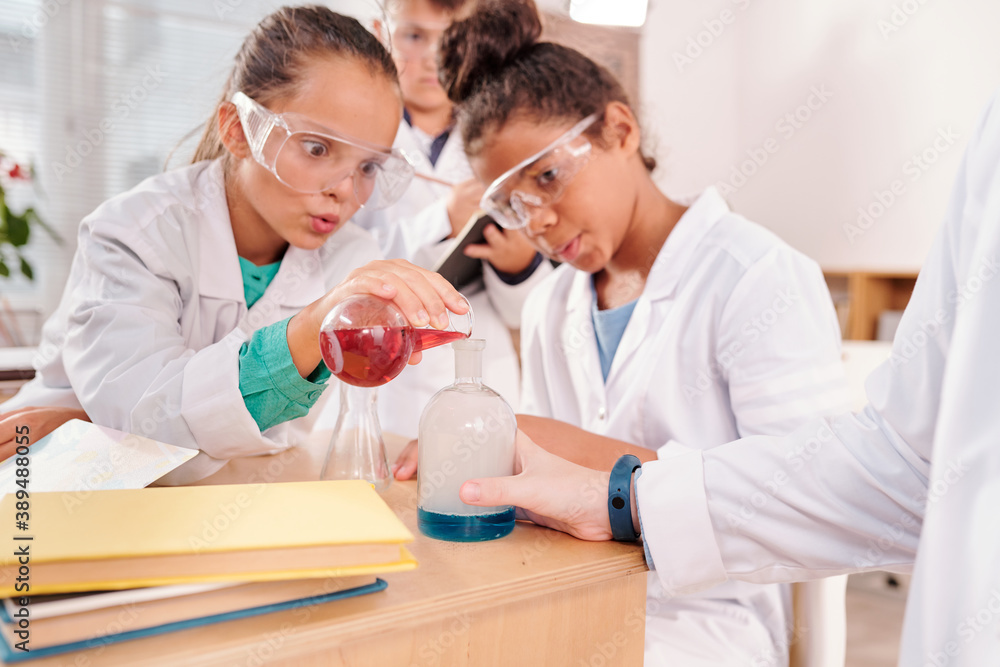 Amazed schoolgirls in protective eyeglasses and whitecoats looking at reaction Amazed schoolgirls in protective eyeglasses and whitecoats looking at reaction