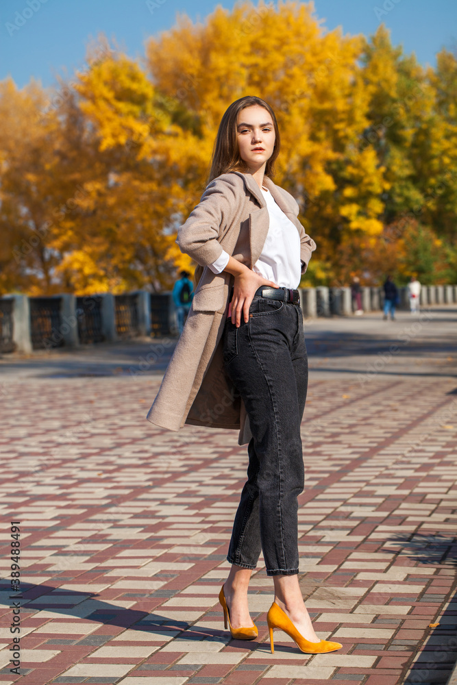 Fototapeta premium young beautiful brunette girl in beige coat and black jeans
