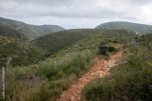 Mountain landscape of the Sierra de Irta in late summer. Hiking trails for walking