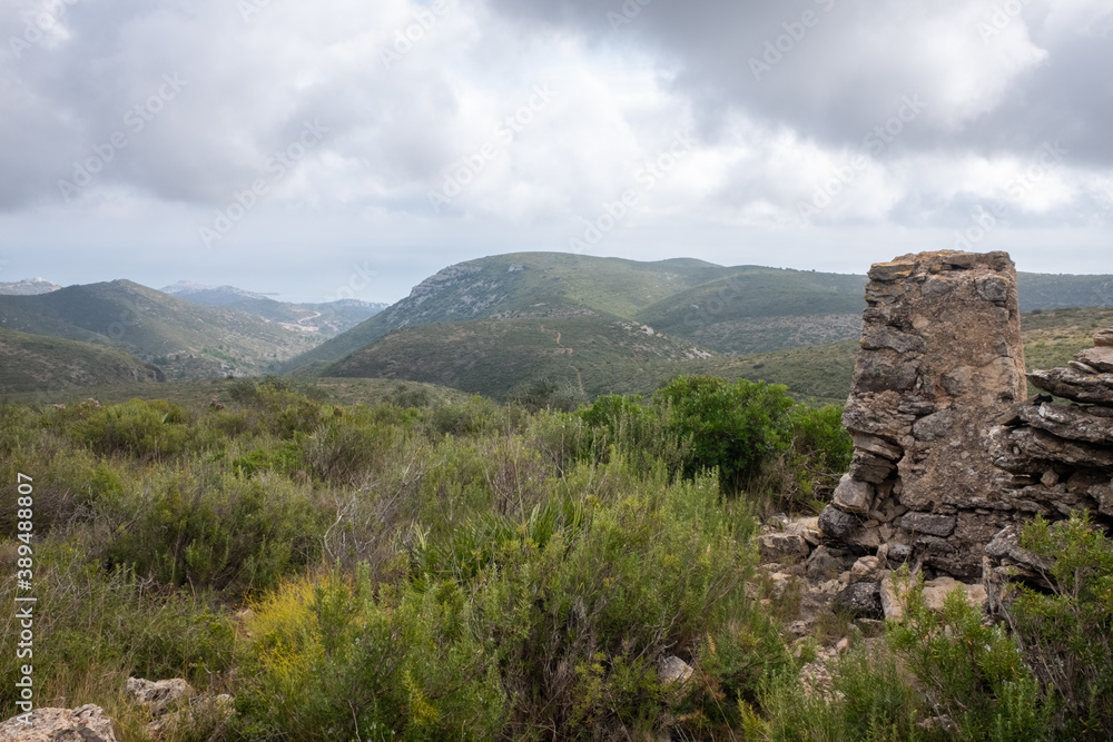 Mountain landscape of the Sierra de Irta in late summer. Hiking trails for walking