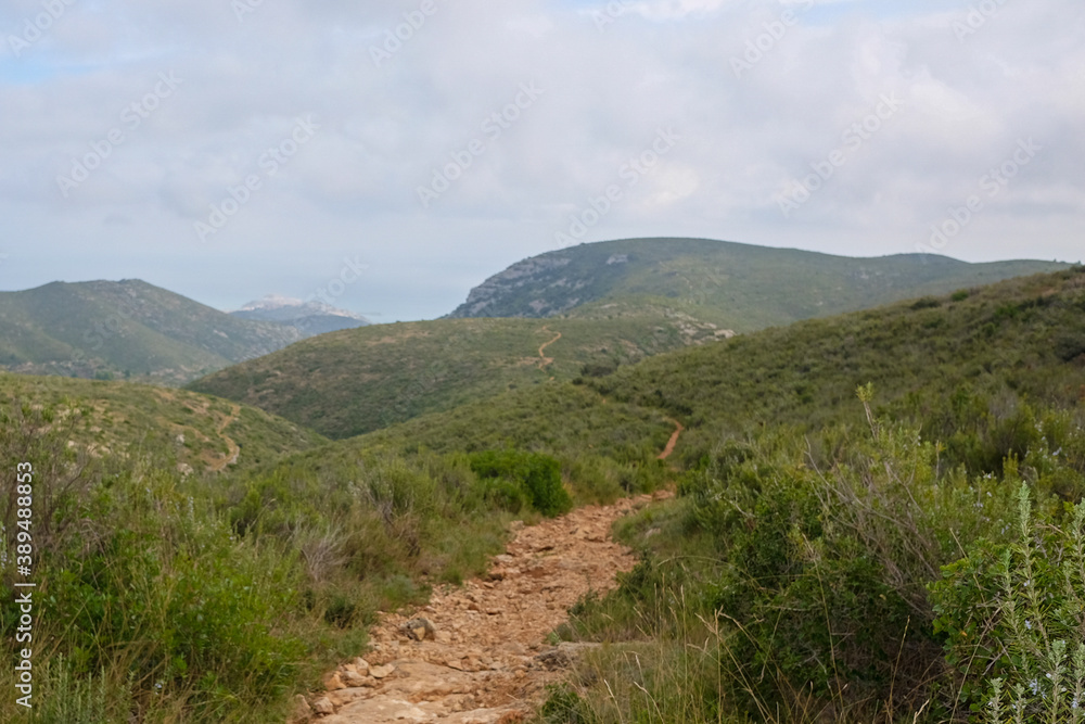 Mountain landscape of the Sierra de Irta in late summer. Hiking trails for walking