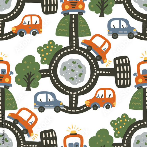 Seamless city car pattern background. Cartoon road graphic kid illustration for baby boy. Kid traffic vehicle art.