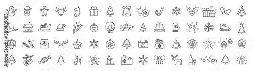 Set of 60 Christmas icons. Merry Christmas and Happy New Year. Collection xmas icons. Winter, santa, tree, presents, snowflakes, holiday. Vector illustration. photo