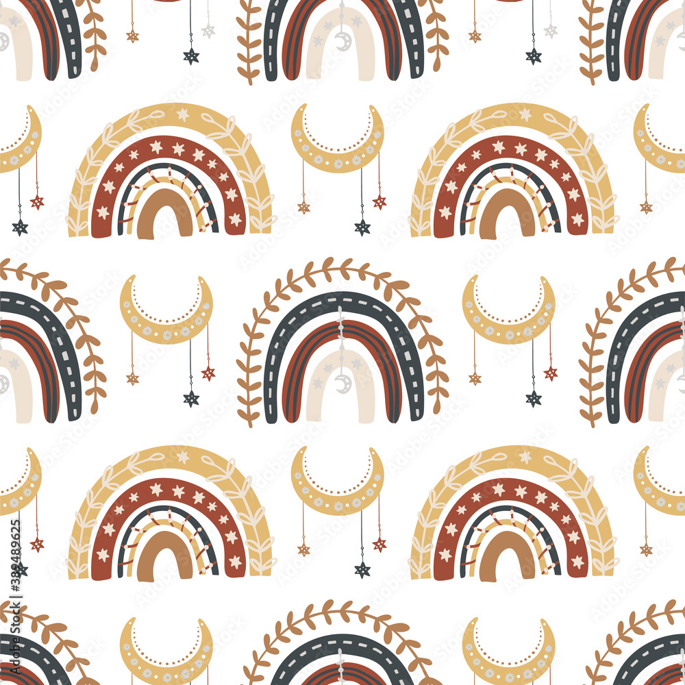 Bohemianl rainbow and moon hand drawn pattern, ethnic pattern. Boho seamless texture. Kids background with scandinavian elements. Wallpaper for children and chidish art. Bohemianl rainbow and moon hand drawn pattern, ethnic pattern. Boho seamless texture. Kids background with scandinavian elements. Wallpaper for children and chidish art.