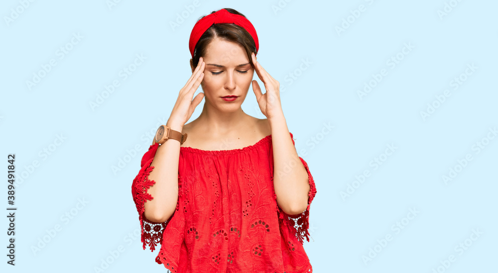 Young brunette woman with short hair wearing casual summer clothes and diadem with hand on head, headache because stress. suffering migraine. Young brunette woman with short hair wearing casual summer clothes and diadem with hand on head, headache because stress. suffering migraine.