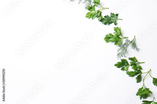 Fresh parsley and dill on white background