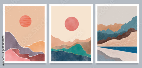 set of creative minimalist hand painted illustrations of Mid century modern. Natural abstract landscape background. mountain, forest, sea, sky, sun and river