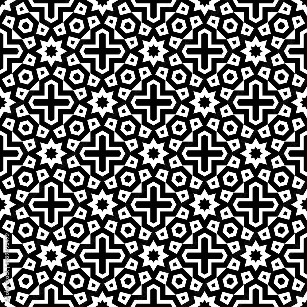 Black, white pattern, geometric wallpaper , seamless texture with flat floral ornament, decorative illustration with simple elemets Black, white pattern, geometric wallpaper , seamless texture with flat floral ornament, decorative illustration with simple elemets