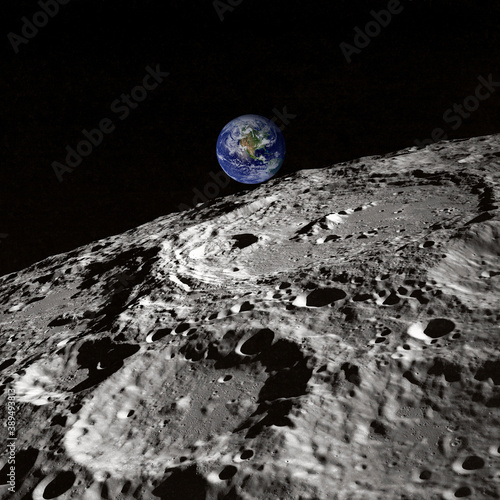 Planet earth rising view from the moon surface