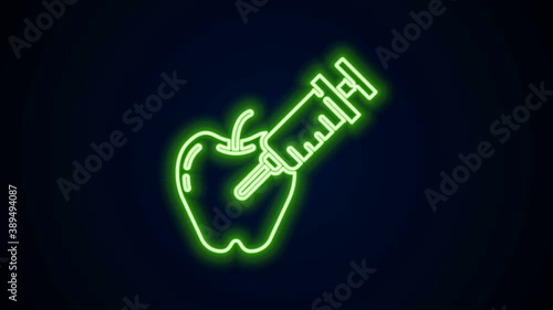 Glowing neon line Genetically modified apple icon isolated on black background. GMO fruit. Syringe being injected to apple. 4K Video motion graphic animation.
