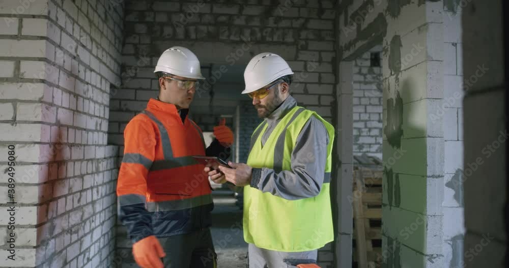 Contractor using tablet and talking with colleague Contractor using tablet and talking with colleague