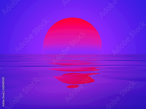 Fototapeta Naklejka Na Ścianę i Meble -  Retro sea sunset, ocean sunrise, 3D-rendering
