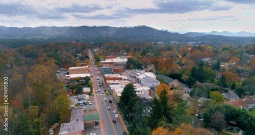 Aerial drone shot of downtown Weaverville, North Carolina in the Appalachian Mountains photo