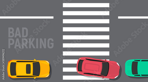 Bad parking car top view. Wrong parking area traffic road rules, flat vector car