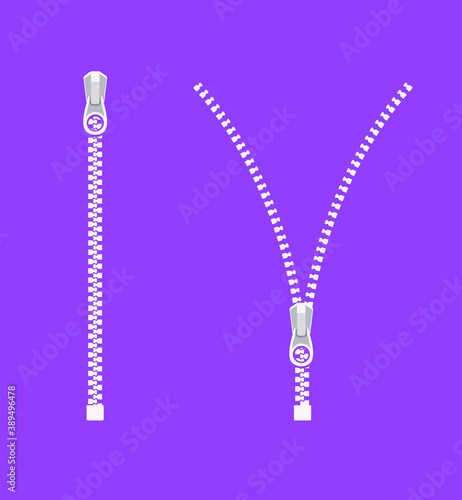 Open zipper teeth metal fastener isolated illustration. Unzip sewing black lock plastic zip buckle