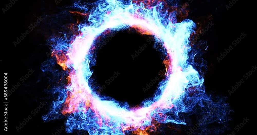 Flaming logo reveal, ring of ice and fire effect. Abstract motion graphic for logos and intro text. 2 video available,  in-out sequence and loop. 3D render, 4K loop.