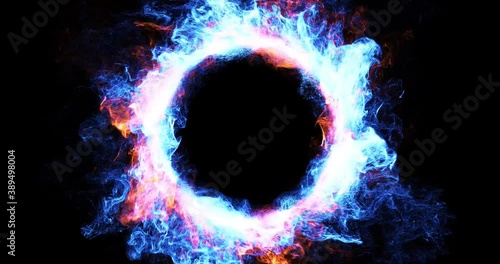 Flaming logo reveal, ring of ice and fire effect. Abstract motion graphic for logos and intro text. 2 video available,  in-out sequence and loop. 3D render, 4K loop.