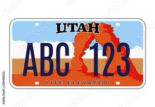 Utah license number plate. Vector usa car plate retro sign, american utah metal symbol