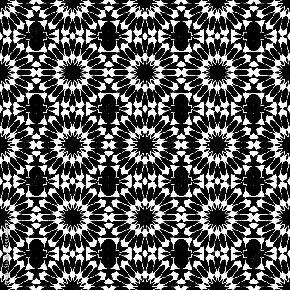 Black, white pattern, geometric wallpaper , seamless texture with flat floral ornament, decorative illustration with simple elemets