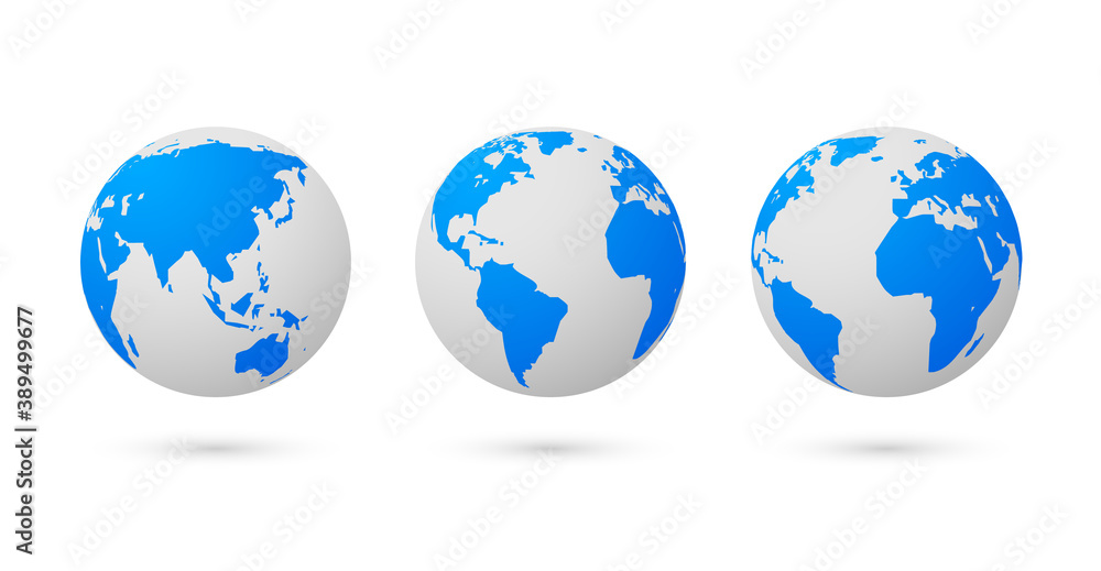 Globe earth world vector map. 3d blue transparent digital planet round globe icon set