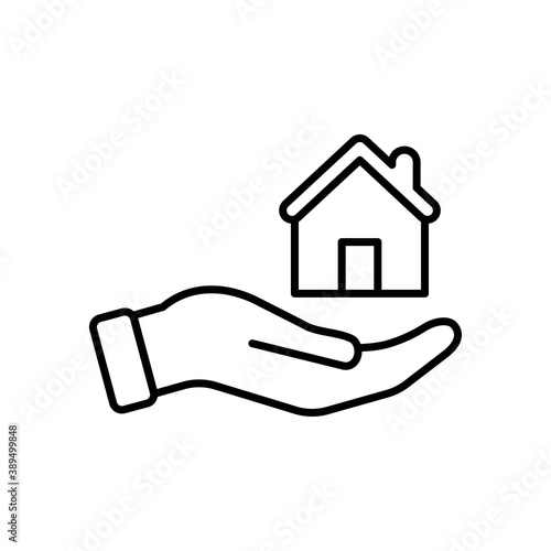 Vector Hand holding house icon, house in hand, stay at home, home care symbol on isolated white background for UI/UX and website.