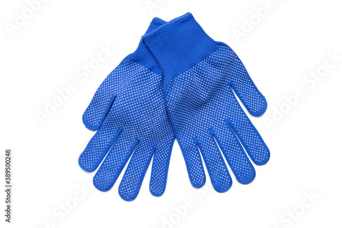 blue textile worker gloves isolated on a white background. above view. studio shot. handyman protective equipment