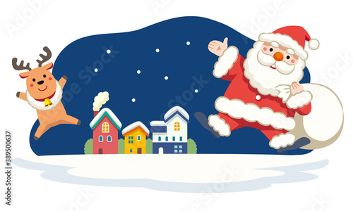 サンタとトナカイのクリスマス風景のイラスト素材