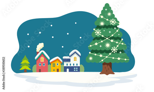 クリスマスツリーのあるクリスマス風景のイラスト素材