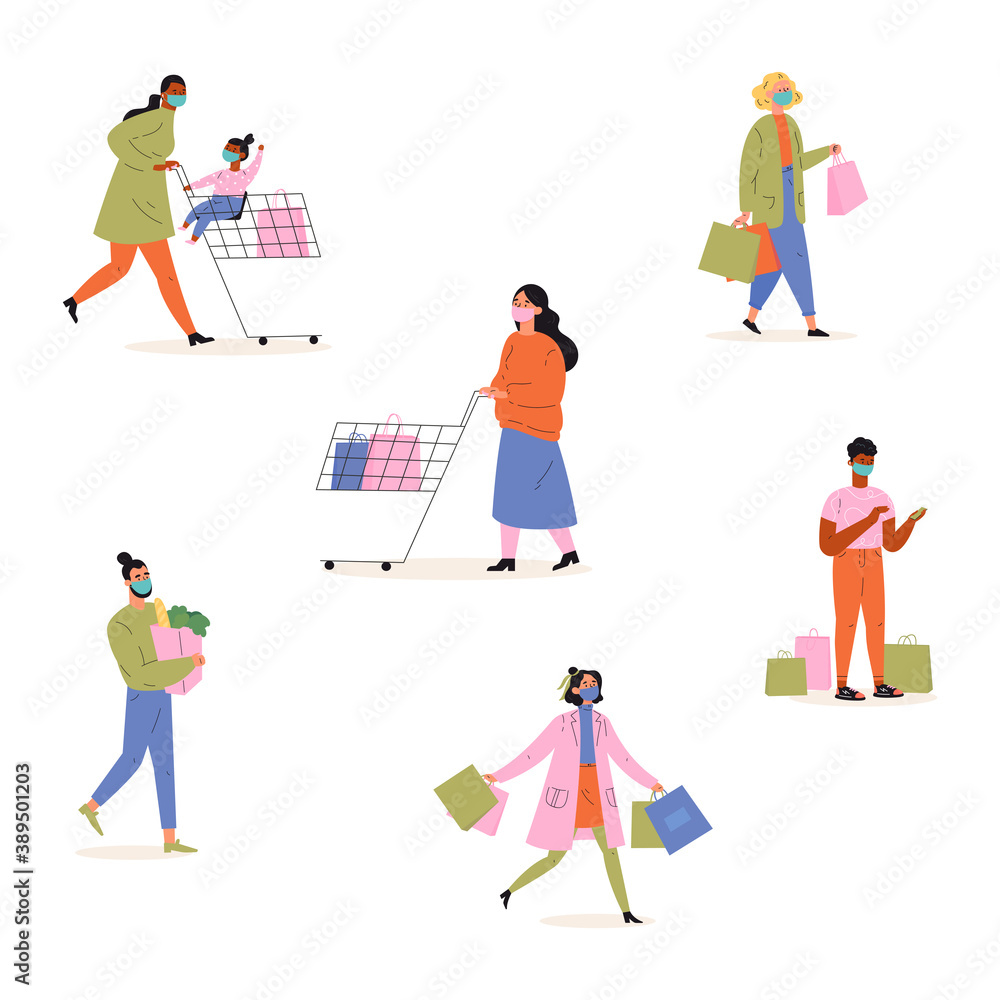 Collection of happy people in masks with shopping bags and carts.Set of different man, woman and child go shopping isolated on white.Young people taking part in seasonal sale at mall.Vector 