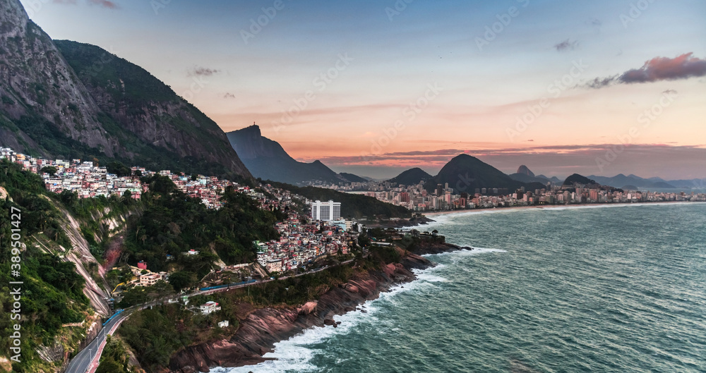 Favela Vidigal in Rio de Janeiro during sunset, aerial shot