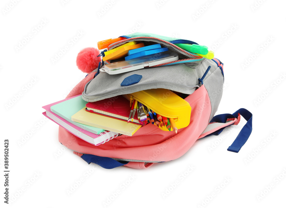 Backpack with school stationery on white background Backpack with school stationery on white background