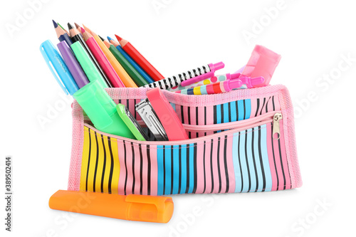 Set of colorful school stationery on white background