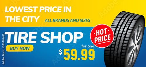 Tire shop voucher banner. Tyre sale automotive winter wheel flyer vector service poster design