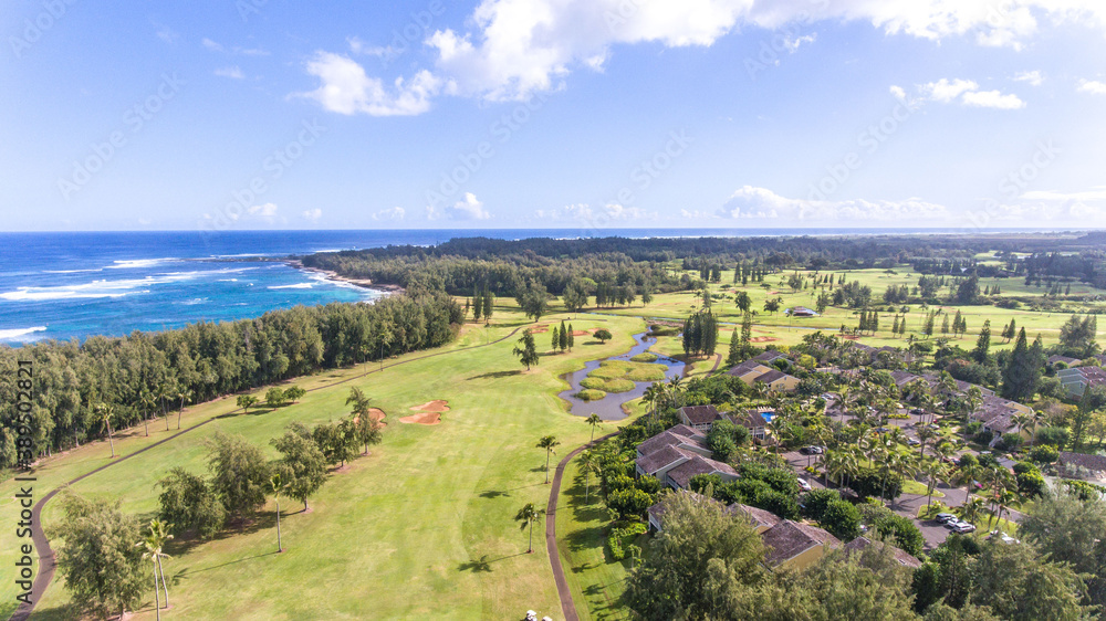 Aerial view of the oceanfront Turtle Bay Arnold Palmer Golf Course on the Northshore of Oahu, Hawaii