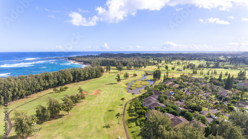 Aerial view of the oceanfront Turtle Bay Arnold Palmer Golf Course on the Northshore of Oahu, Hawaii © Ryan Tishken