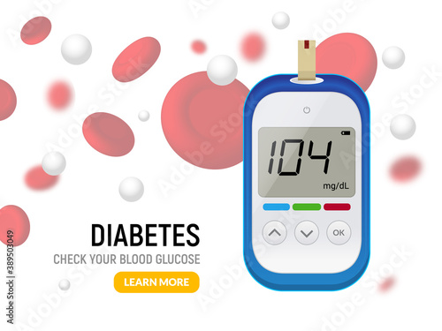 Glucose sugar test. Glucometer vector blood monitor. Diabetes sugar meter insulin control device illustration