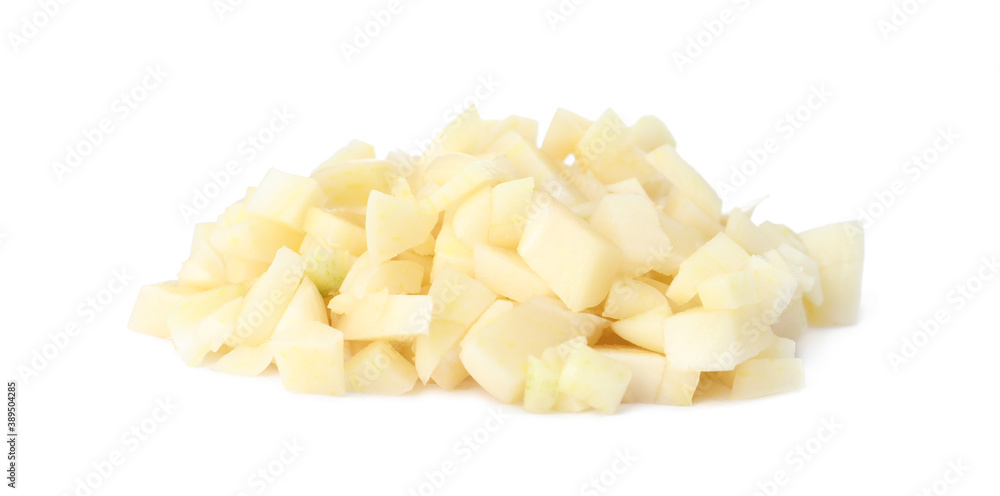 Pile of fresh chopped garlic isolated on white. Organic food Pile of fresh chopped garlic isolated on white. Organic food