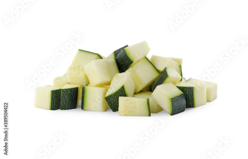 Pieces of ripe zucchini on white background