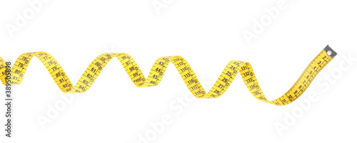 New yellow measuring tape isolated on white, top view