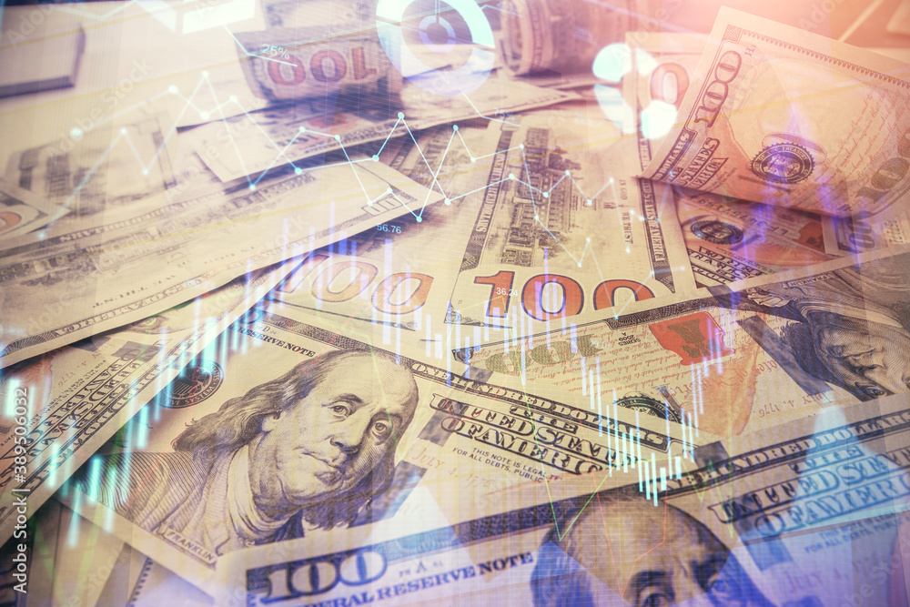 Multi exposure of forex chart drawing over us dollars bill background. Concept of financial success markets. Multi exposure of forex chart drawing over us dollars bill background. Concept of financial success markets.