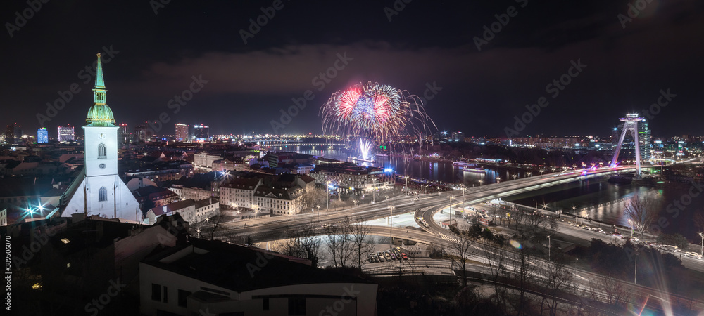 New Year Celebration. Fireworks on Danube River in Bratislava, Slovakia.