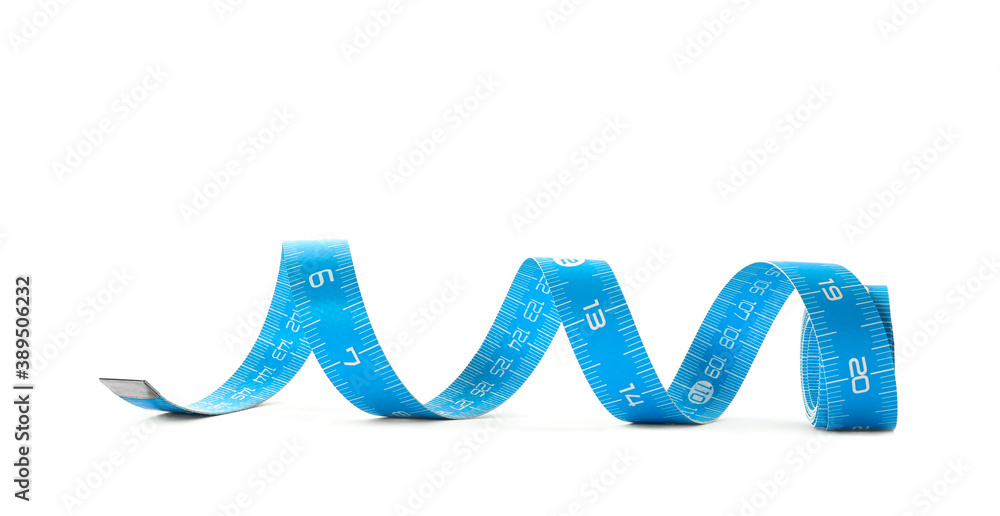 Long light blue measuring tape isolated on white Long light blue measuring tape isolated on white