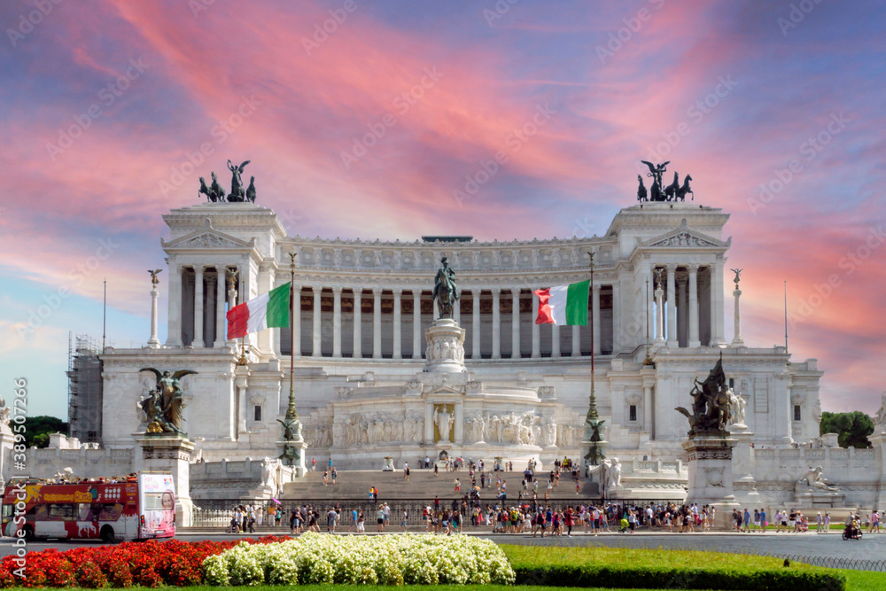 Viktor Emanuel II monument, Altare della Patria in Italy, Rome during sunset and pink clouds. Architecture and travelling concept.