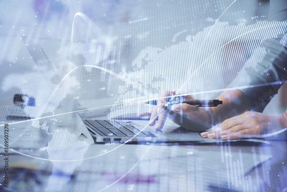 Multi exposure of woman hands typing on computer and financial chart hologram drawing. Stock market analysis concept. Multi exposure of woman hands typing on computer and financial chart hologram drawing. Stock market analysis concept.